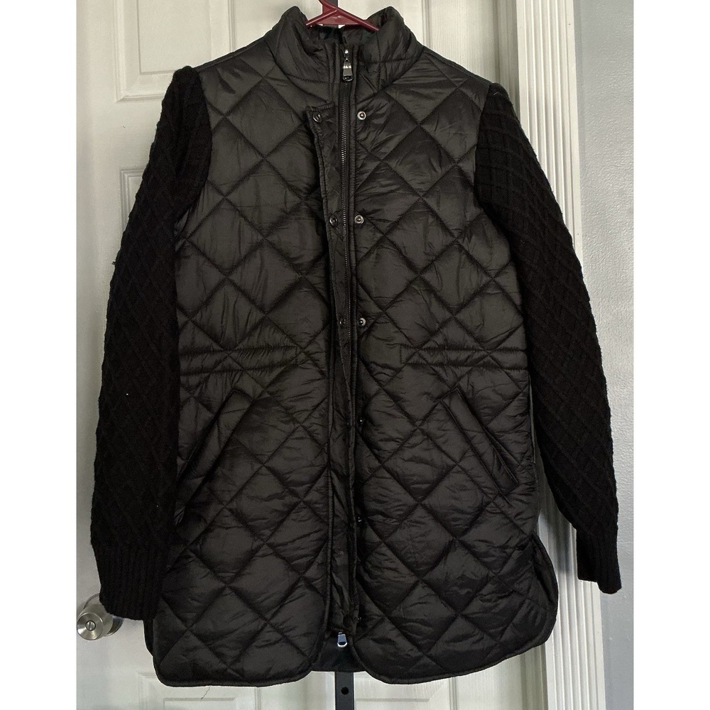 Rachel Zoe Quilted Puffer Jacket Cable Knit Sleeves Black NWT Women's M